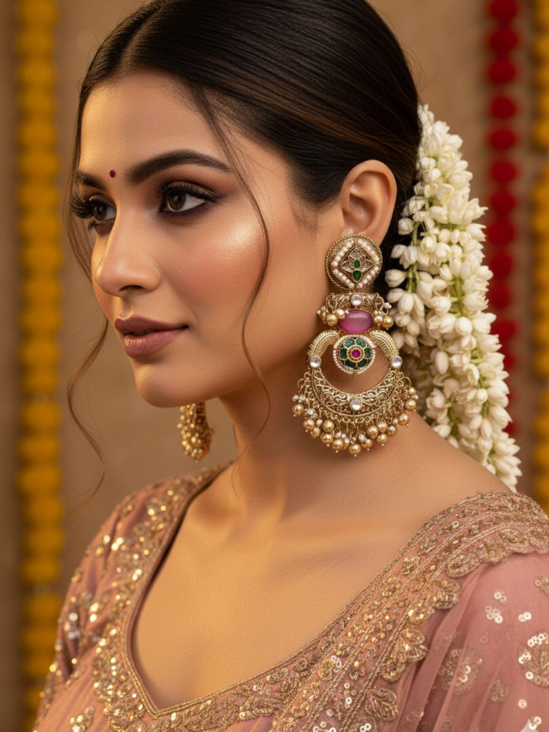 Amazing Antique Gold Pink Color Stone-Multi Color Glass Motif-Polky-Pearl  Fancy Dangle Earrings