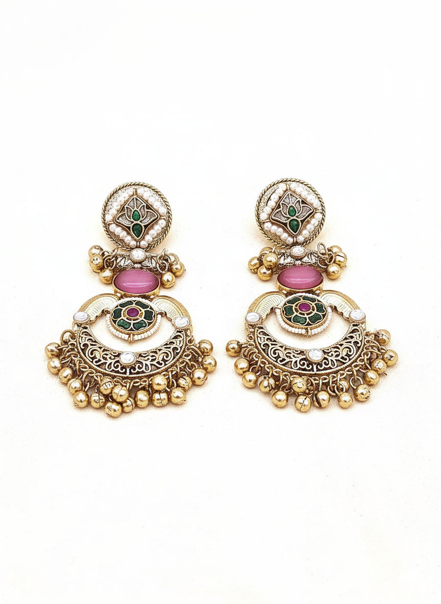 Amazing Antique Gold Pink Color Stone-Multi Color Glass Motif-Polky-Pearl  Fancy Dangle Earrings