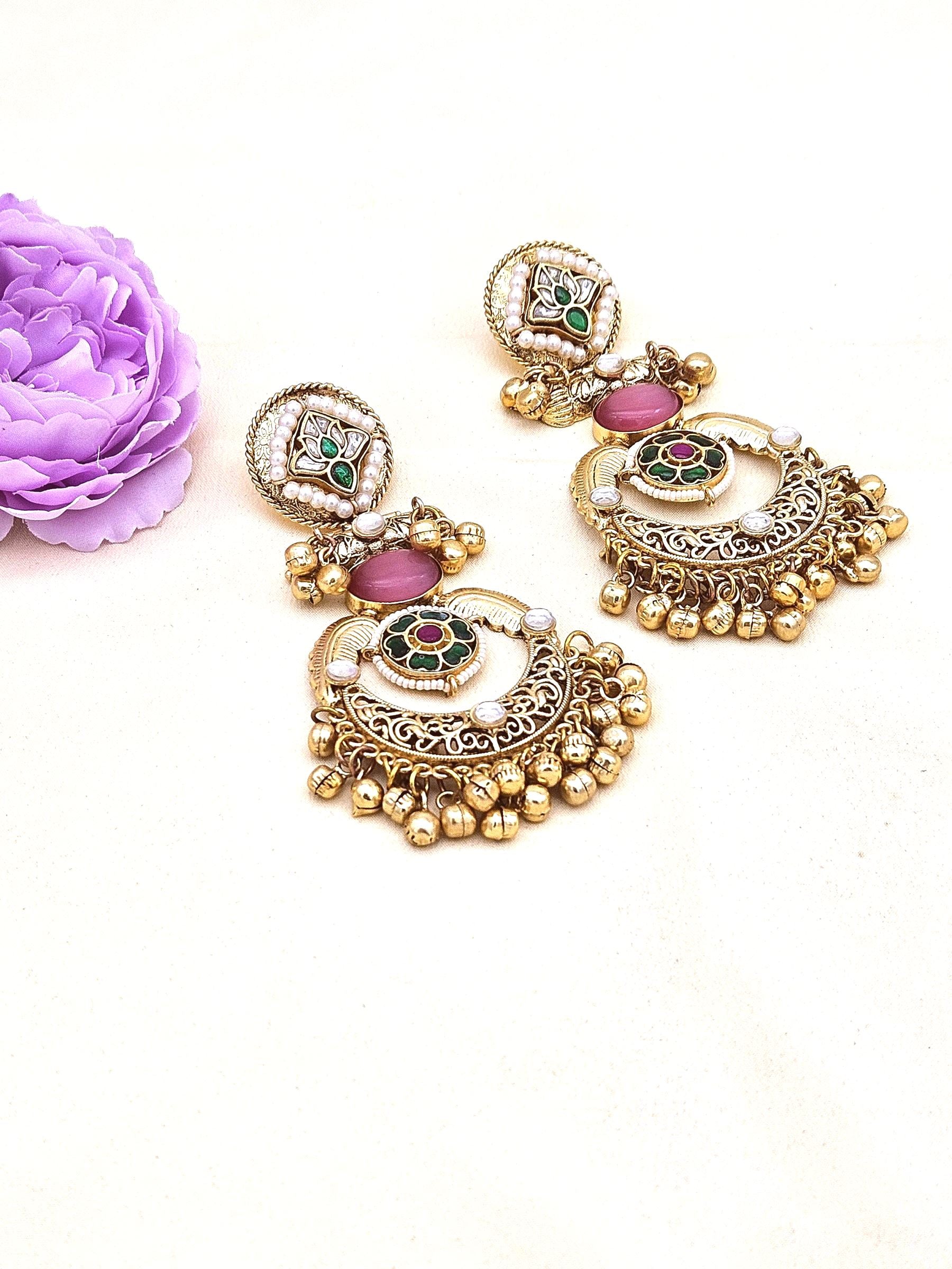 Amazing Antique Gold Pink Color Stone-Multi Color Glass Motif-Polky-Pearl  Fancy Dangle Earrings