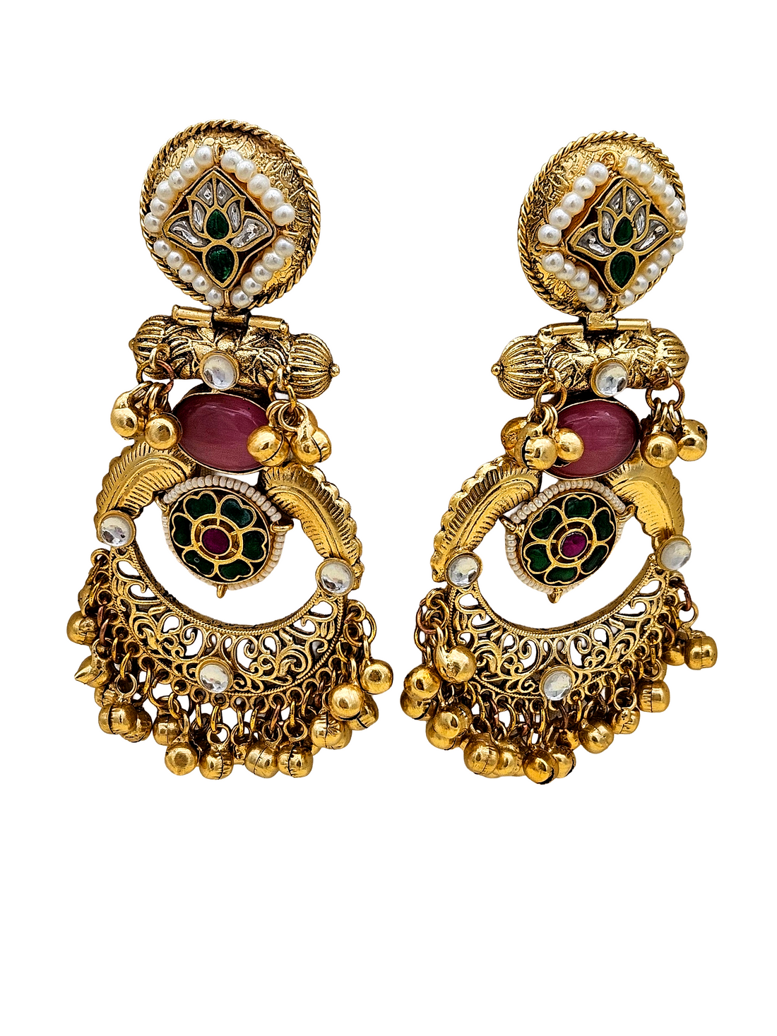 Amazing Antique Gold Pink Color Stone-Multi Color Glass Motif-Polky-Pearl  Fancy Dangle Earrings