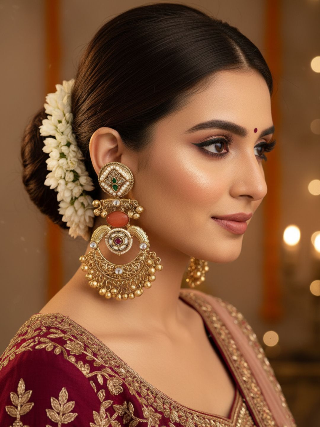 Amazing Antique Gold Yellow Color Stone-Multi Color Glass Motif-Polky-Pearl  Fancy Dangle Earrings