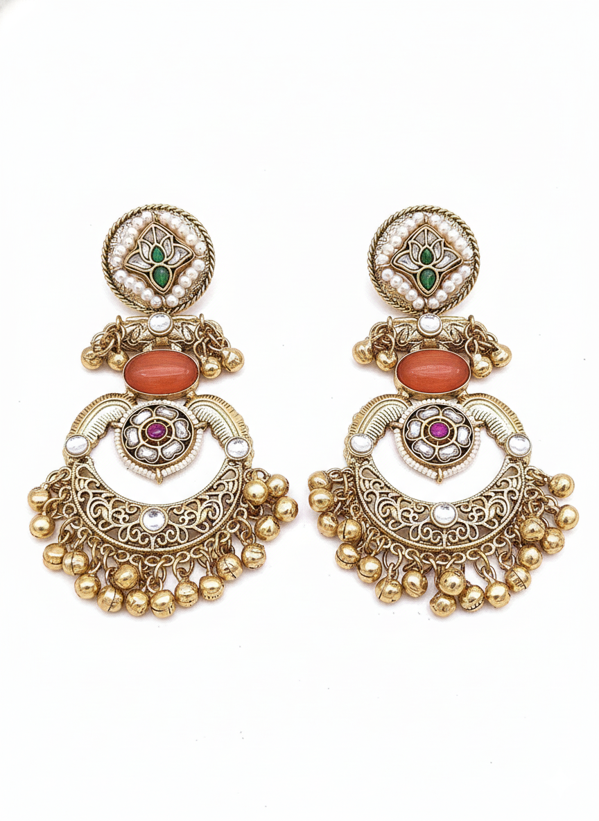 Amazing Antique Gold Yellow Color Stone-Multi Color Glass Motif-Polky-Pearl  Fancy Dangle Earrings