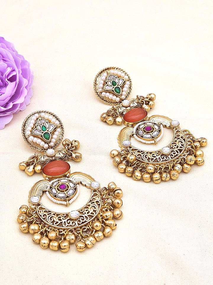 Amazing Antique Gold Yellow Color Stone-Multi Color Glass Motif-Polky-Pearl  Fancy Dangle Earrings