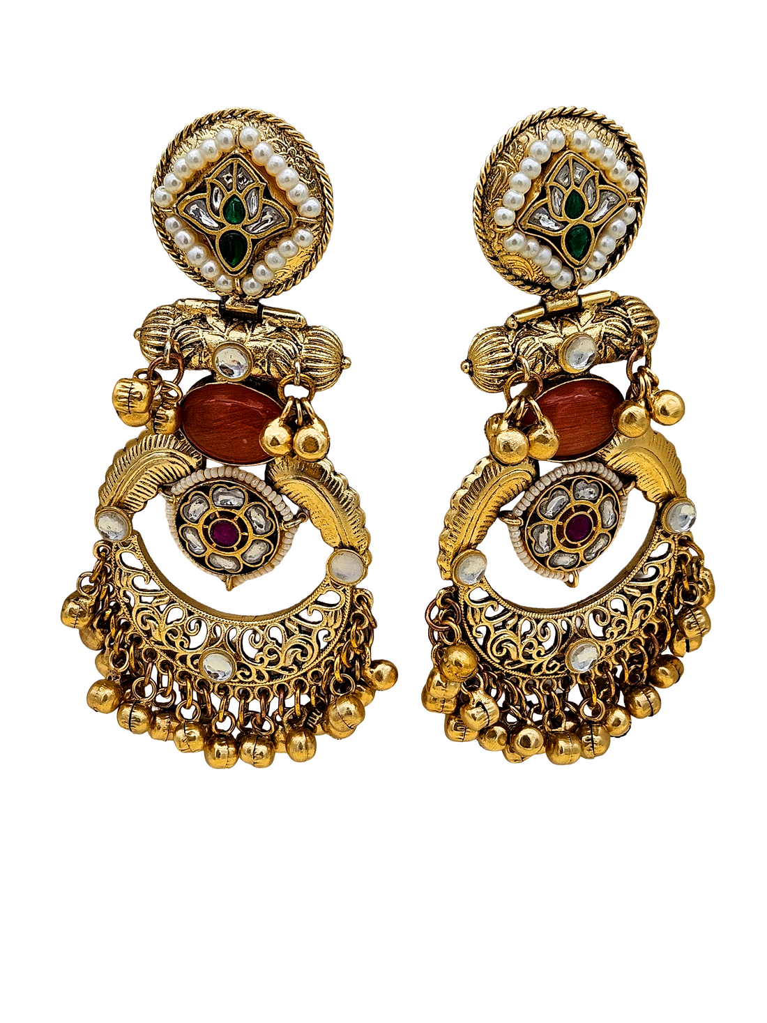 Amazing Antique Gold Yellow Color Stone-Multi Color Glass Motif-Polky-Pearl  Fancy Dangle Earrings