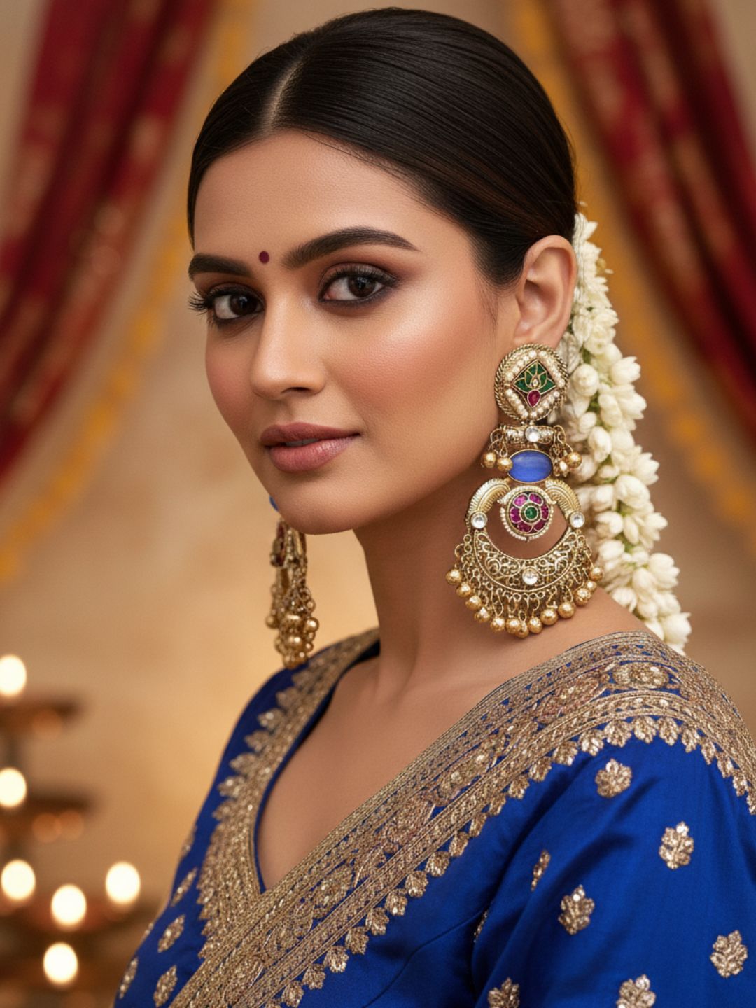 Amazing Antique Gold Blue Color Stone-Multi Color Glass Motif-Polky-Pearl  Fancy Dangle Earrings