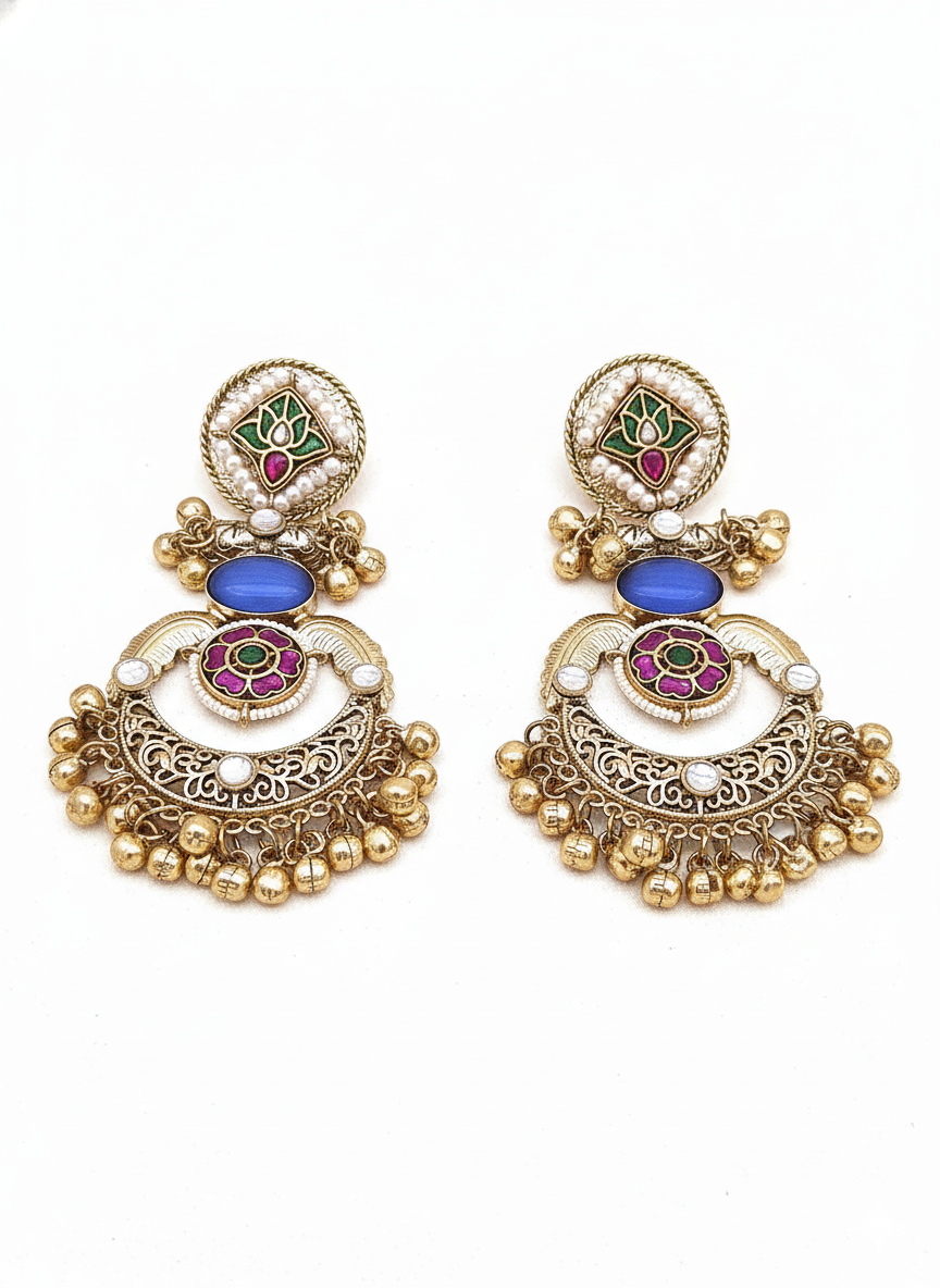 Amazing Antique Gold Blue Color Stone-Multi Color Glass Motif-Polky-Pearl  Fancy Dangle Earrings