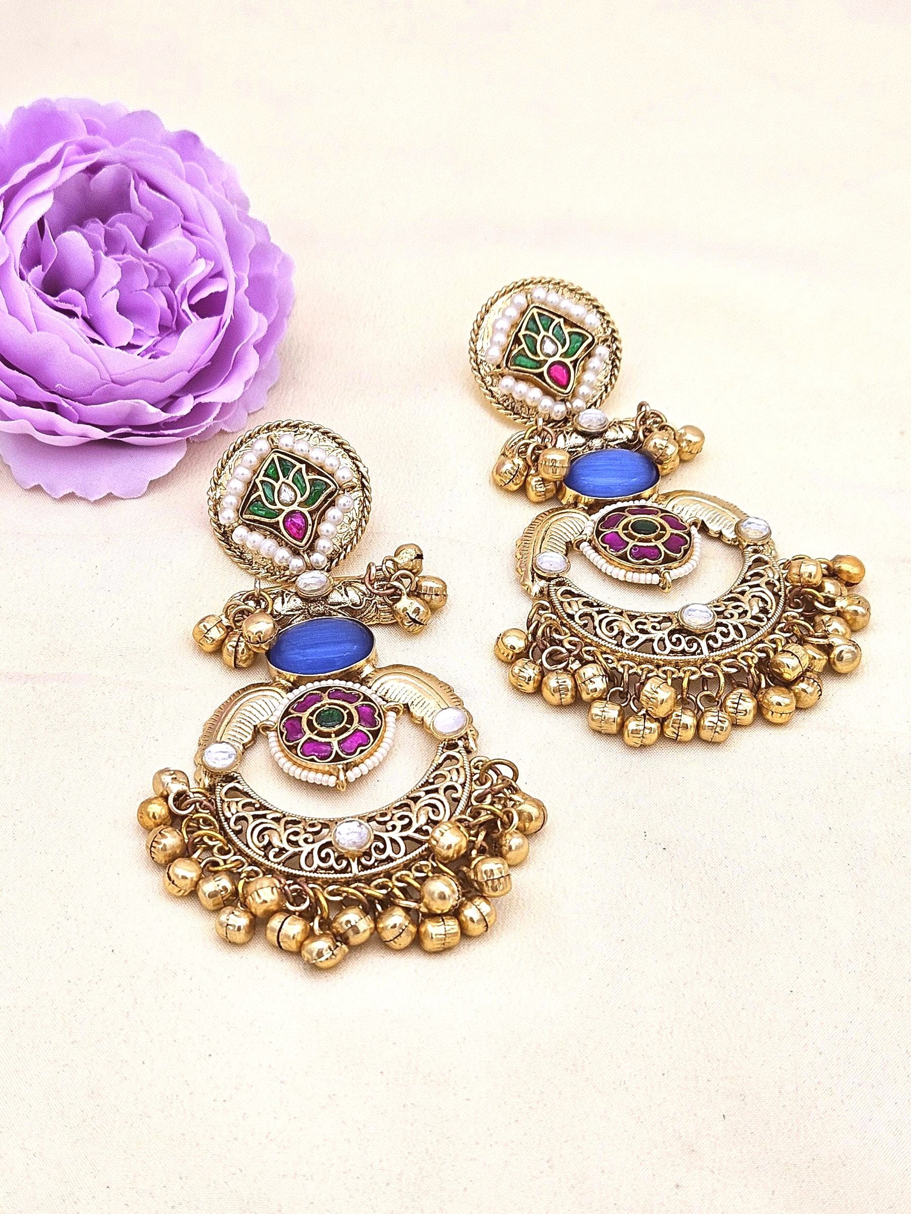 Amazing Antique Gold Blue Color Stone-Multi Color Glass Motif-Polky-Pearl  Fancy Dangle Earrings