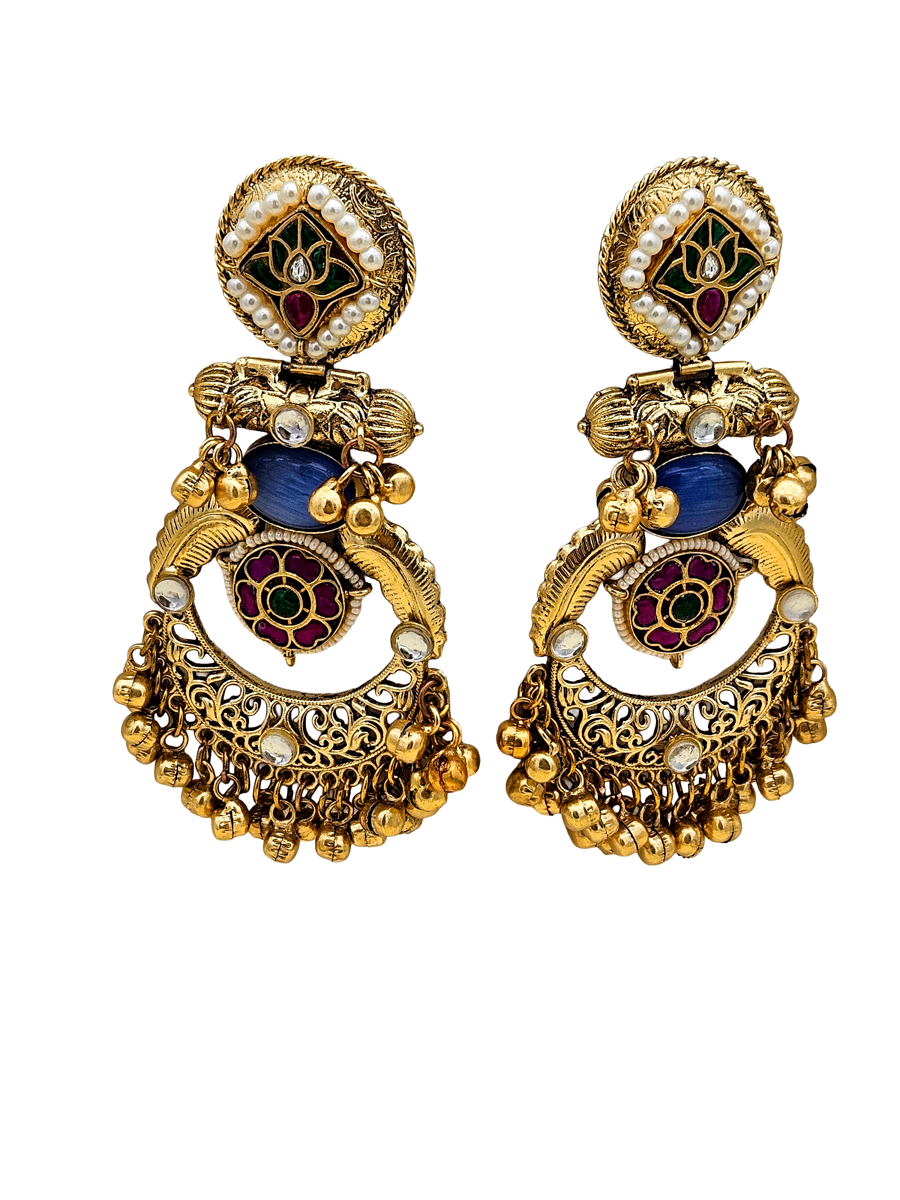 Amazing Antique Gold Blue Color Stone-Multi Color Glass Motif-Polky-Pearl  Fancy Dangle Earrings