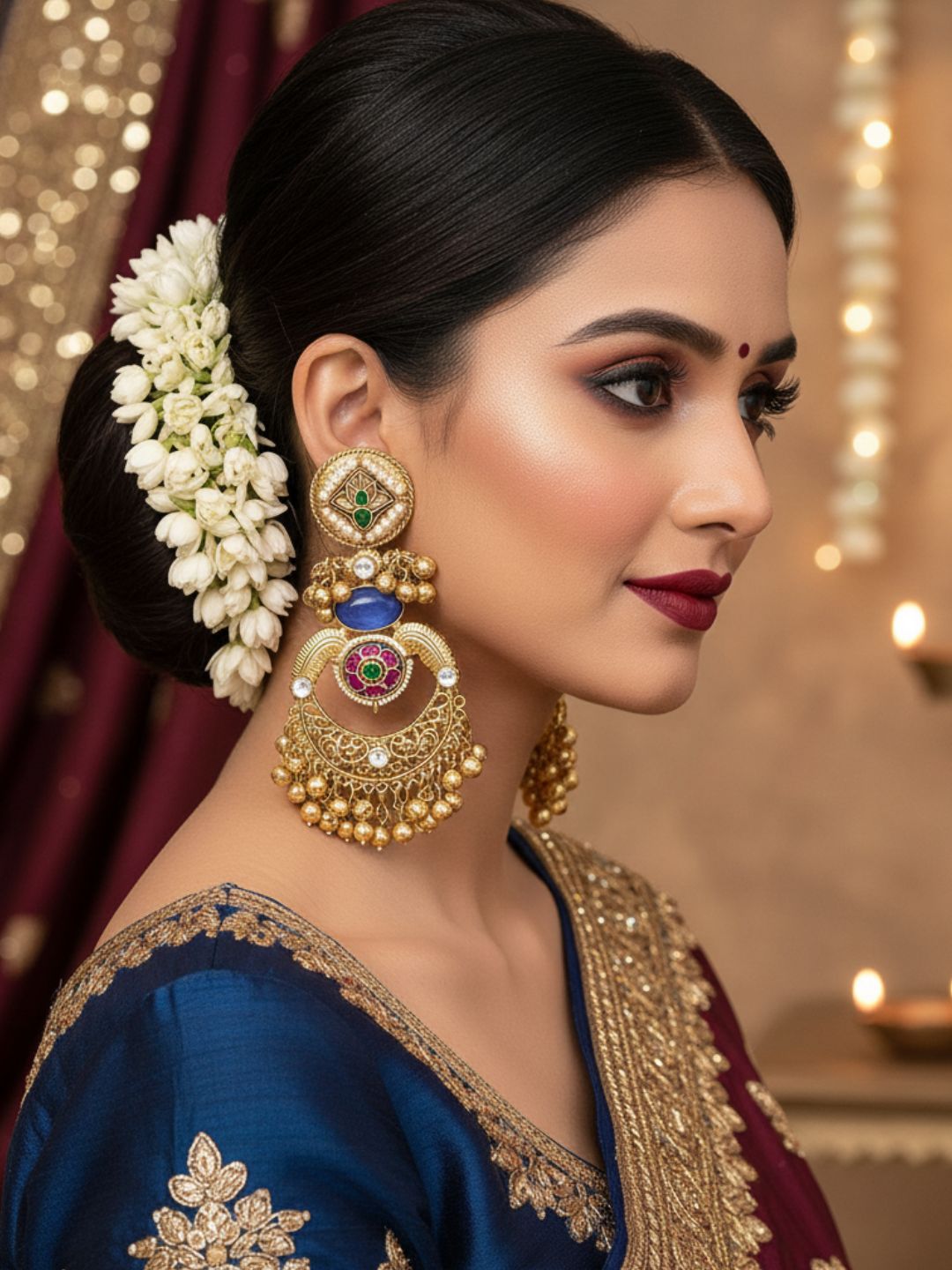 Amazing Antique Gold Blue Color Stone-Multi Color Glass Motif-Polky-Pearl  Fancy Dangle Earrings