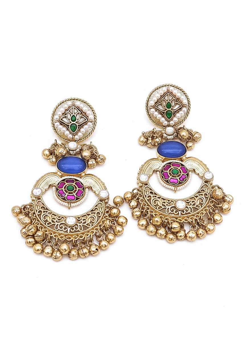 Amazing Antique Gold Blue Color Stone-Multi Color Glass Motif-Polky-Pearl  Fancy Dangle Earrings