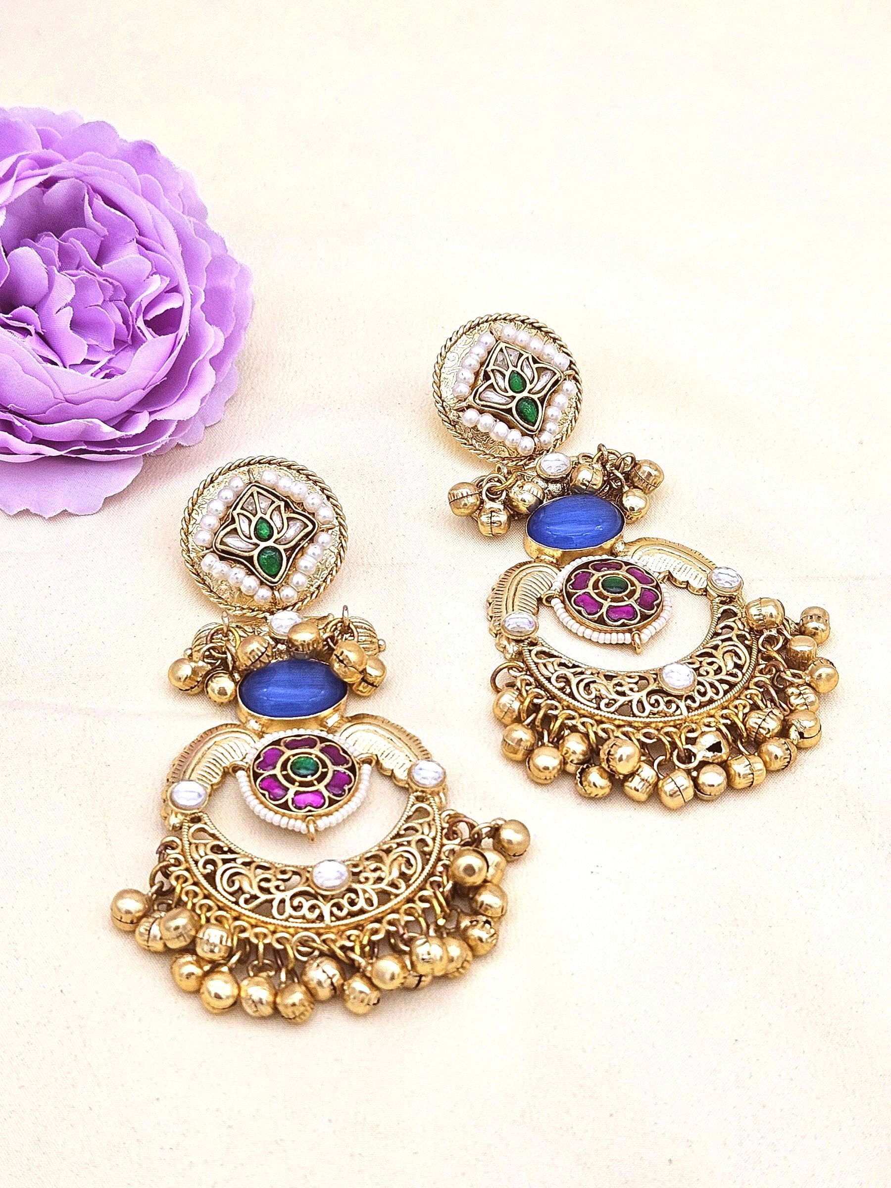 Amazing Antique Gold Blue Color Stone-Multi Color Glass Motif-Polky-Pearl  Fancy Dangle Earrings