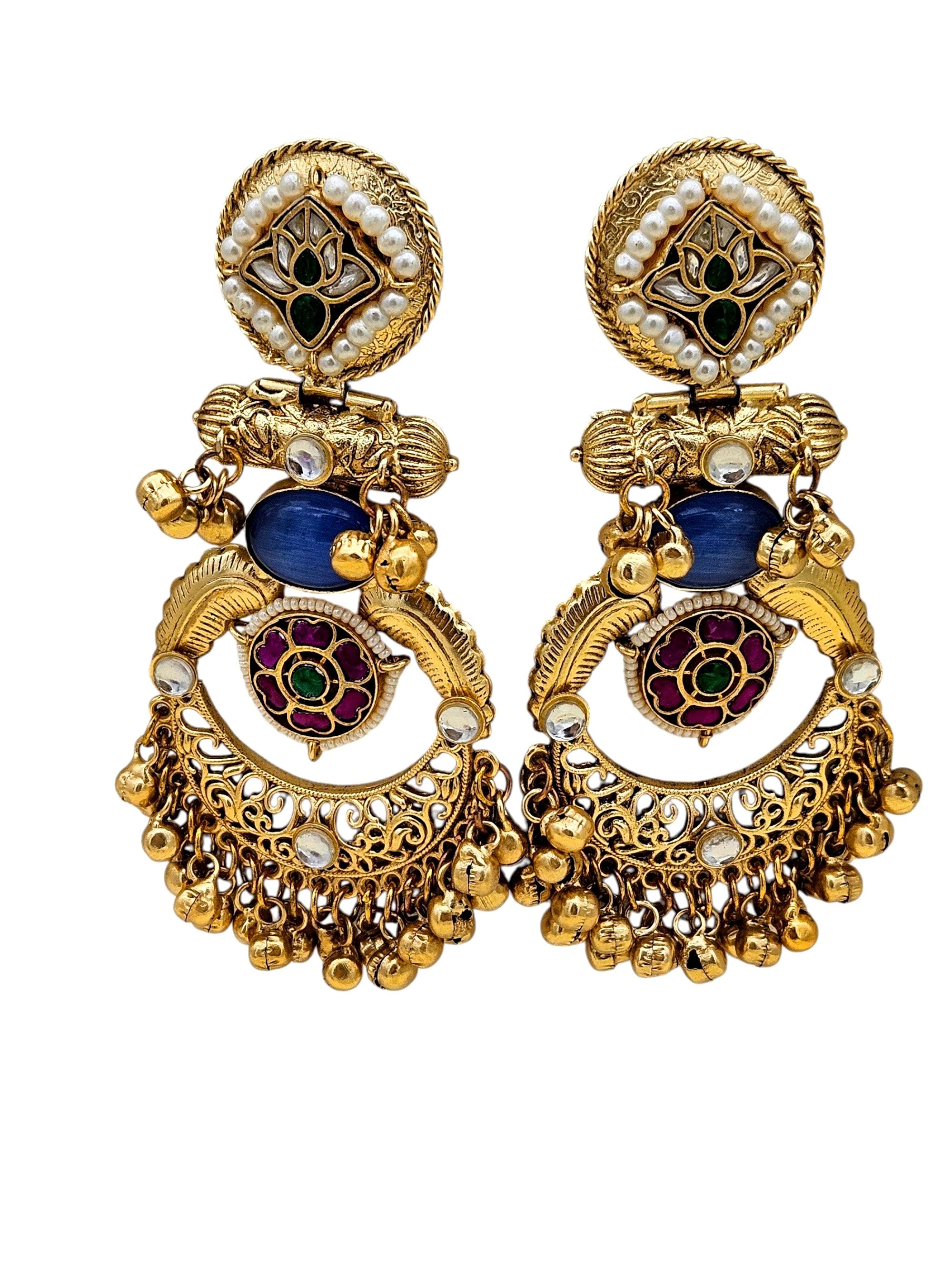 Amazing Antique Gold Blue Color Stone-Multi Color Glass Motif-Polky-Pearl  Fancy Dangle Earrings