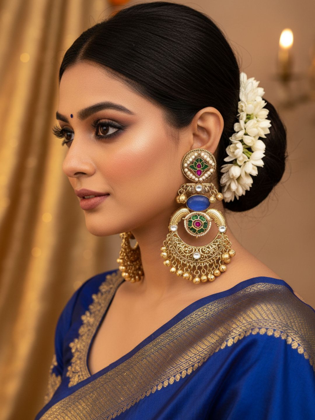 Amazing Antique Gold Blue Color Stone-Multi Color Glass Motif-Polky-Pearl  Fancy Dangle Earrings