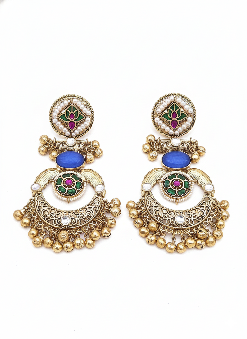 Amazing Antique Gold Blue Color Stone-Multi Color Glass Motif-Polky-Pearl  Fancy Dangle Earrings