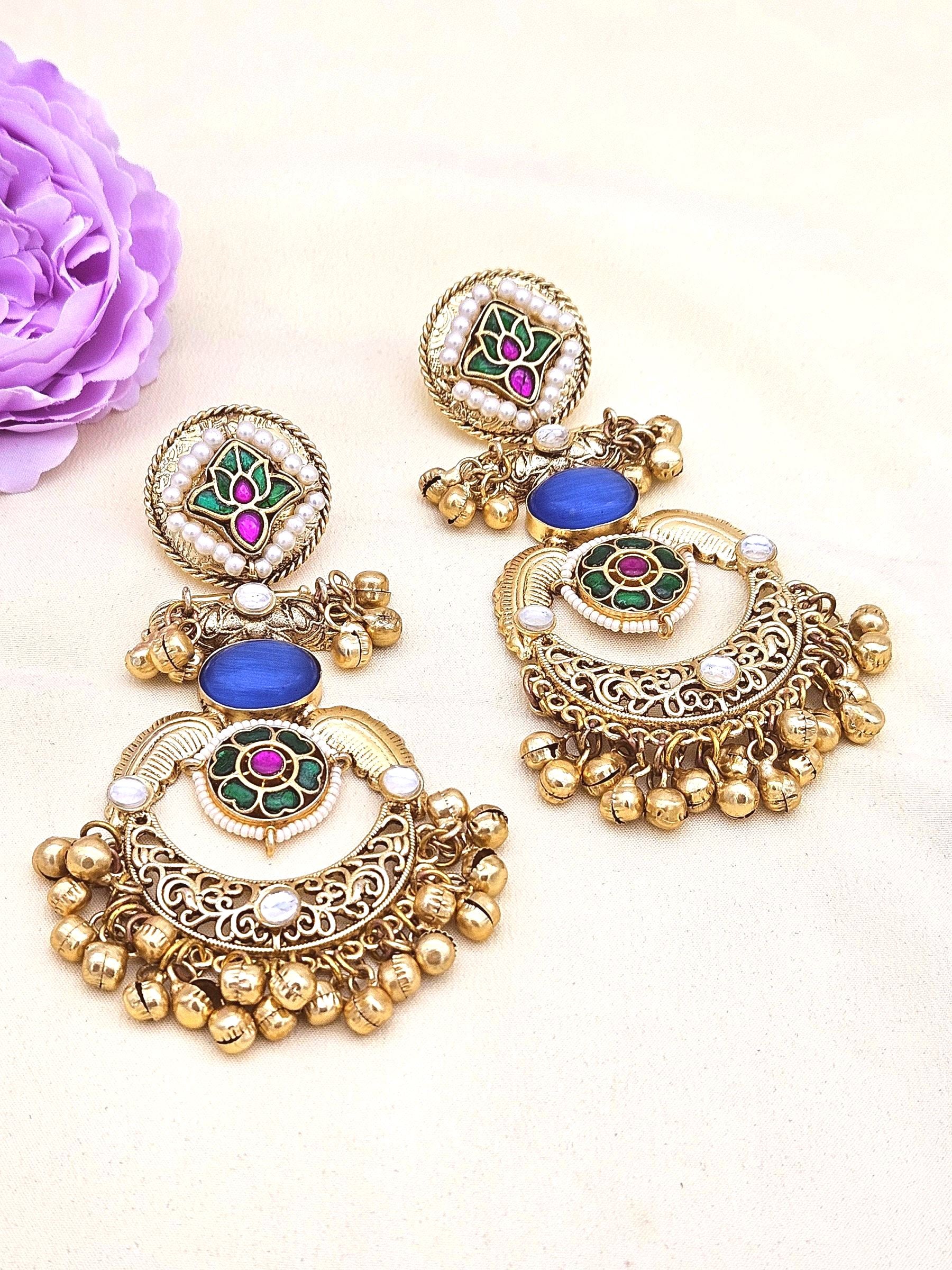 Amazing Antique Gold Blue Color Stone-Multi Color Glass Motif-Polky-Pearl  Fancy Dangle Earrings