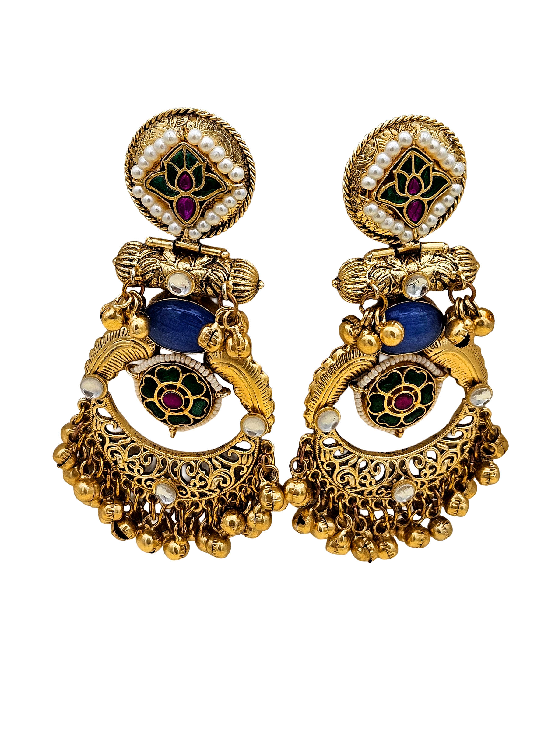 Amazing Antique Gold Blue Color Stone-Multi Color Glass Motif-Polky-Pearl  Fancy Dangle Earrings