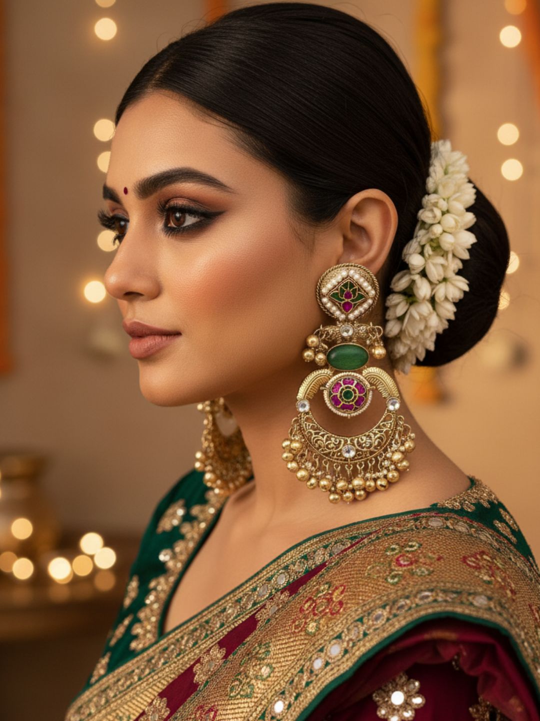 Amazing Antique Gold Green Color Stone-Multi Color Glass Motif-Polky-Pearl  Fancy Dangle Earrings