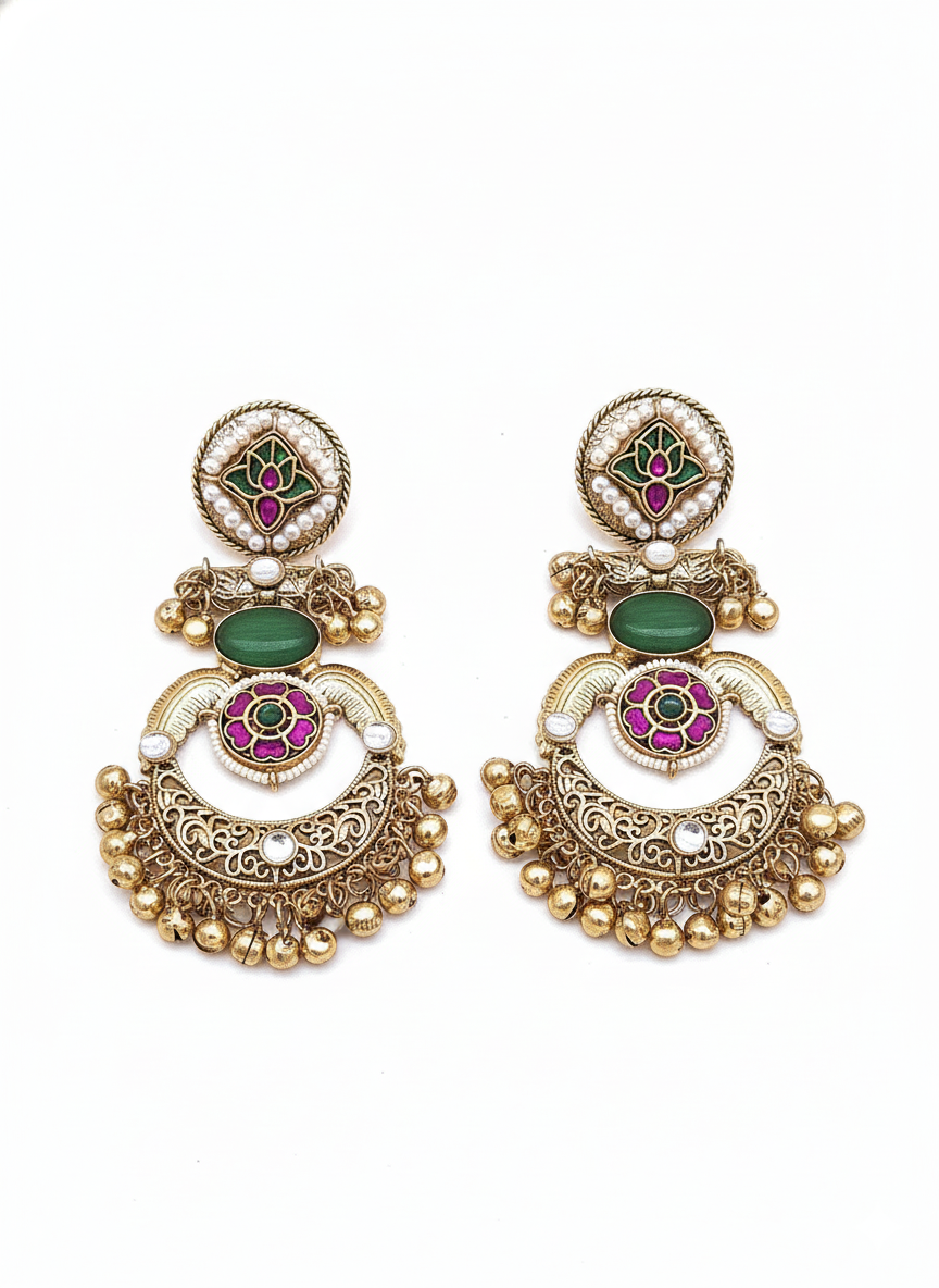 Amazing Antique Gold Green Color Stone-Multi Color Glass Motif-Polky-Pearl  Fancy Dangle Earrings