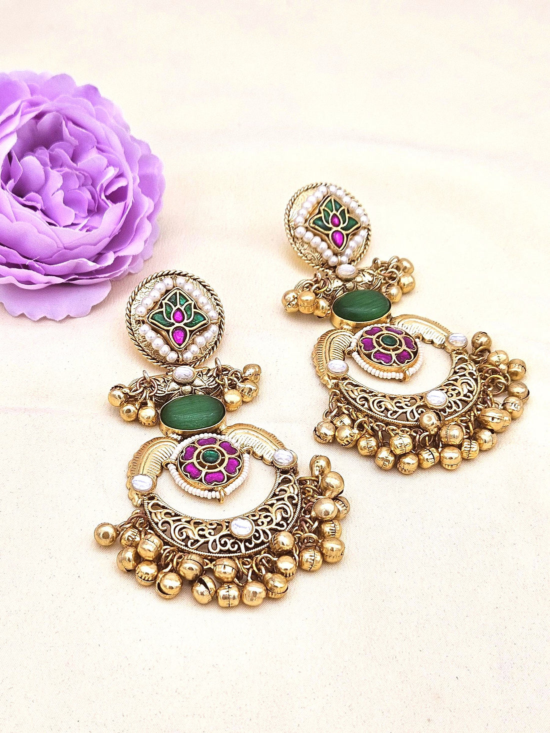 Amazing Antique Gold Green Color Stone-Multi Color Glass Motif-Polky-Pearl  Fancy Dangle Earrings