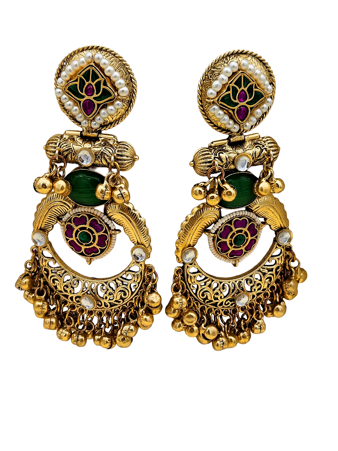 Amazing Antique Gold Green Color Stone-Multi Color Glass Motif-Polky-Pearl  Fancy Dangle Earrings