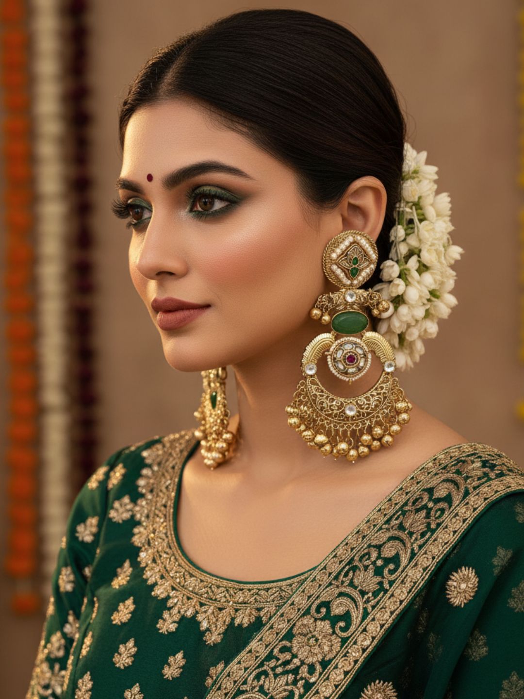 Amazing Antique Gold Green Color Stone-Multi Color Glass Motif-Polky-Pearl  Fancy Dangle Earrings