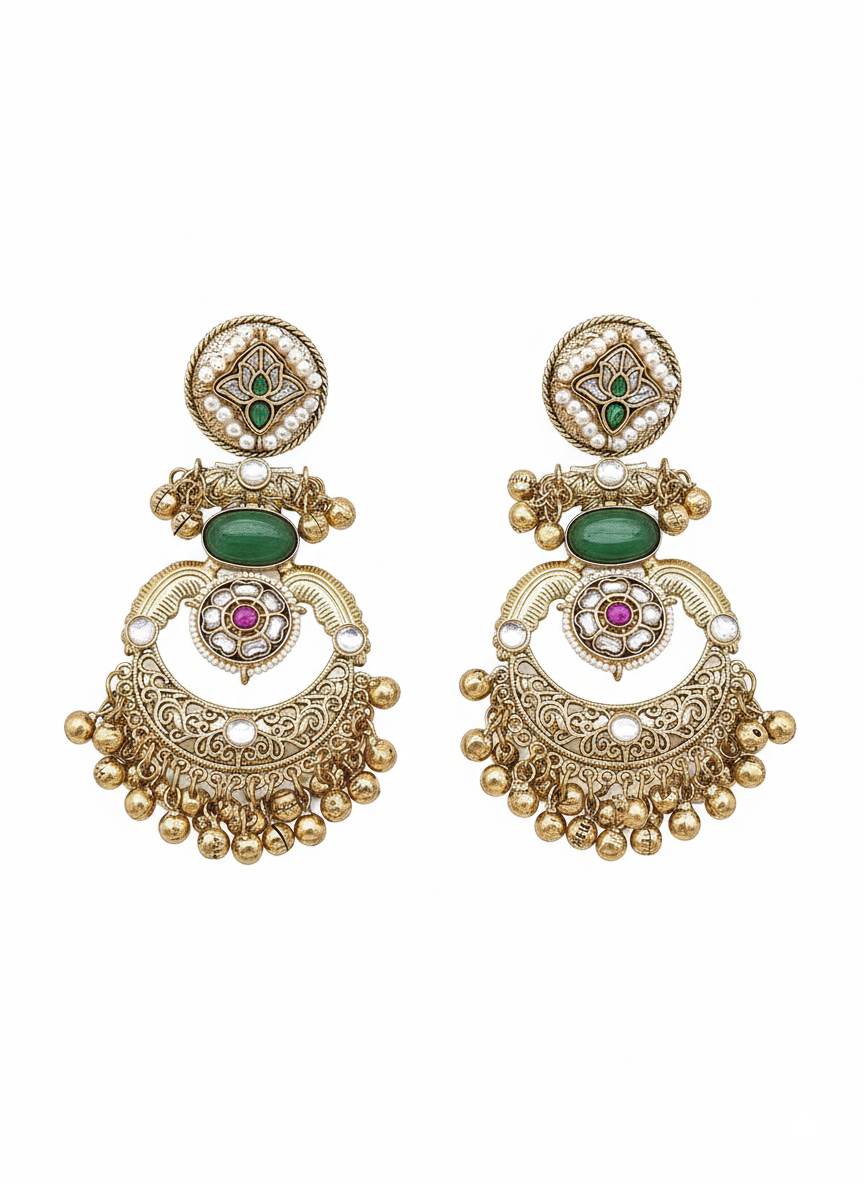 Amazing Antique Gold Green Color Stone-Multi Color Glass Motif-Polky-Pearl  Fancy Dangle Earrings