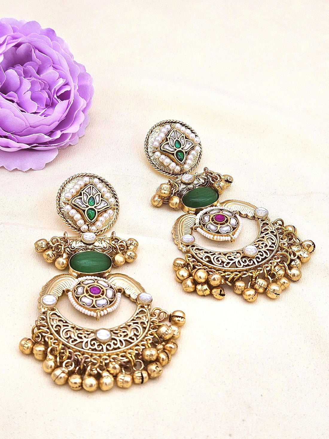 Amazing Antique Gold Green Color Stone-Multi Color Glass Motif-Polky-Pearl  Fancy Dangle Earrings