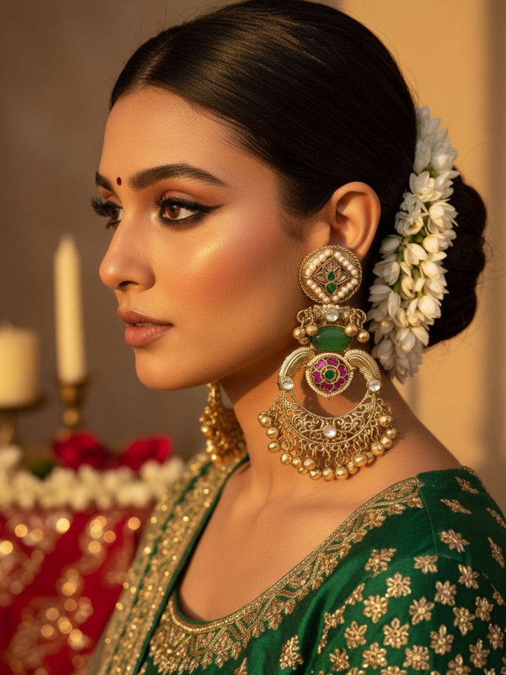 Amazing Antique Gold Green Color Stone-Multi Color Glass Motif-Polky-Pearl  Fancy Dangle Earrings