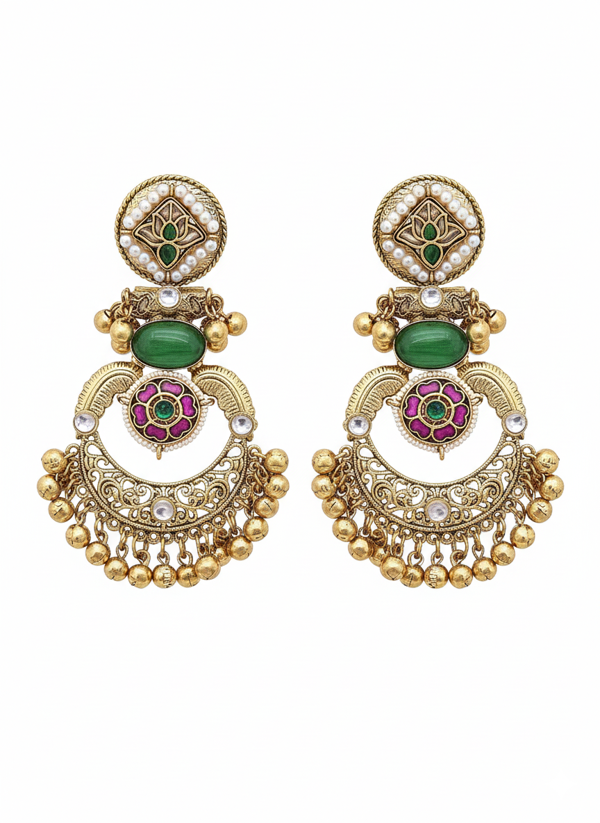 Amazing Antique Gold Green Color Stone-Multi Color Glass Motif-Polky-Pearl  Fancy Dangle Earrings