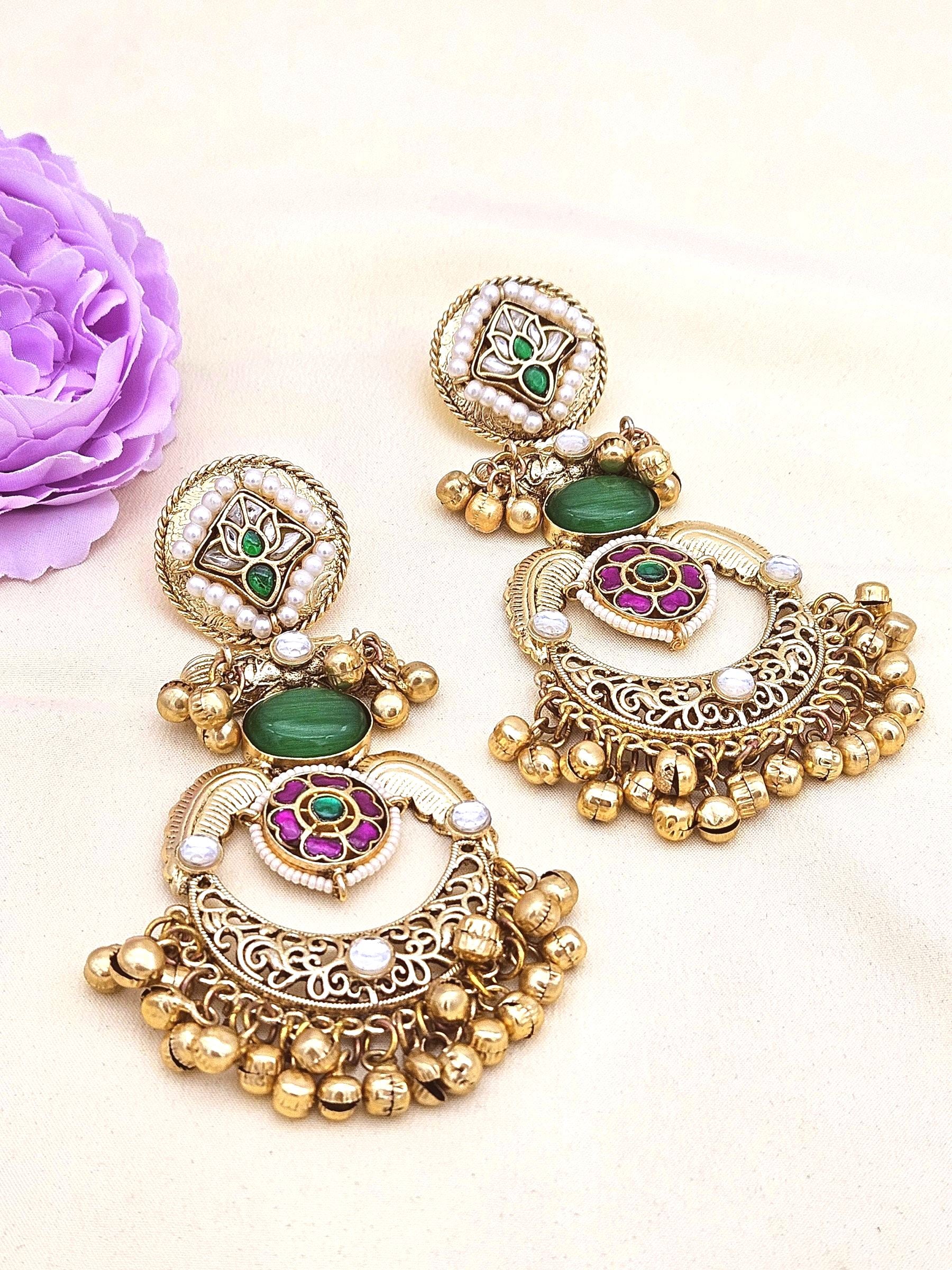 Amazing Antique Gold Green Color Stone-Multi Color Glass Motif-Polky-Pearl  Fancy Dangle Earrings