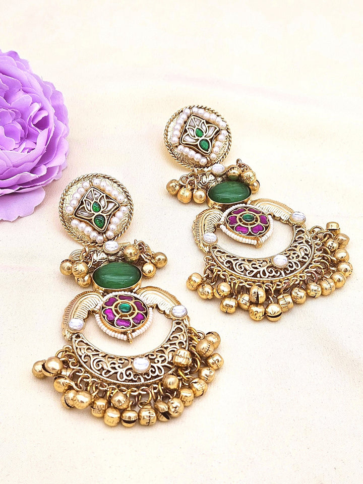 Amazing Antique Gold Green Color Stone-Multi Color Glass Motif-Polky-Pearl  Fancy Dangle Earrings