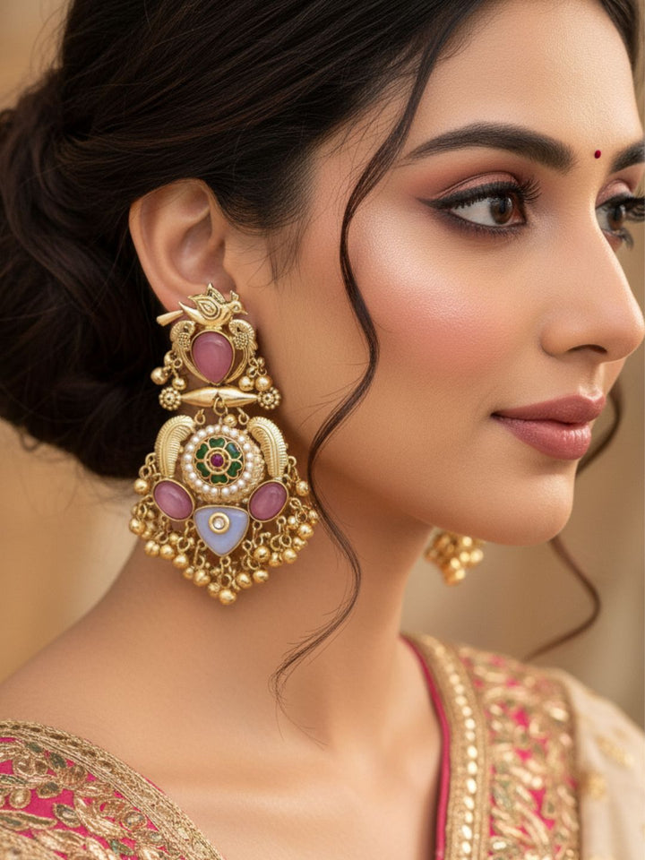 Stunning Antique Gold Pink Monalisa-Multi Color Glass Stones-Pearl  Fancy Dangle Earrings