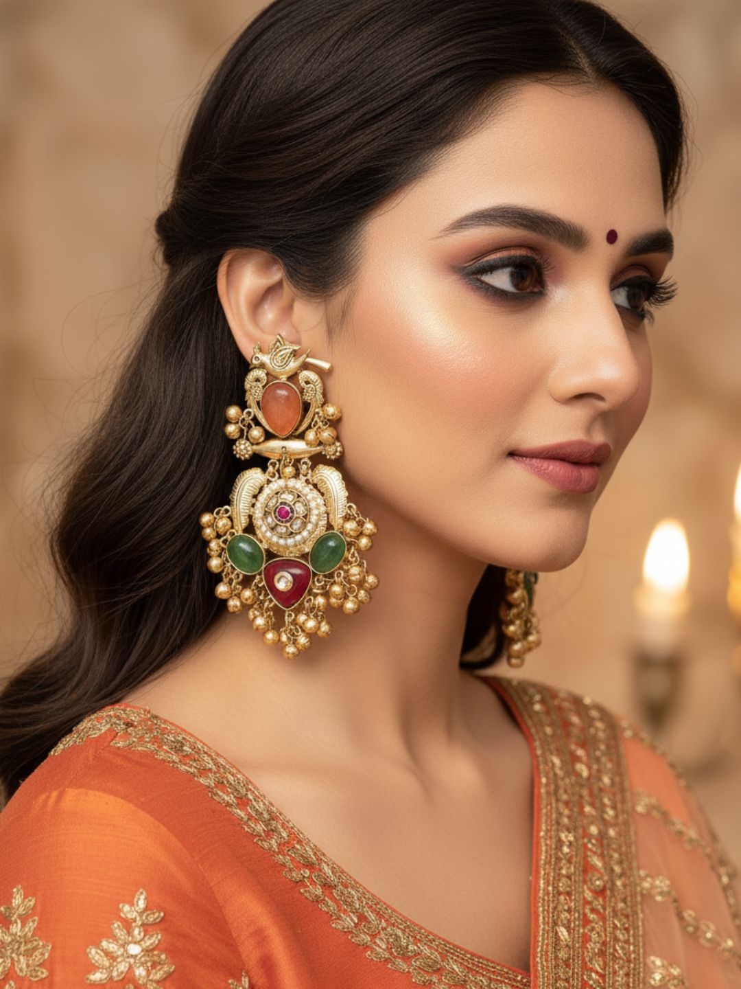 Stunning Antique Gold Yellow Onyx-Multi Color Glass Stones-Pearl  Fancy Dangle Earrings