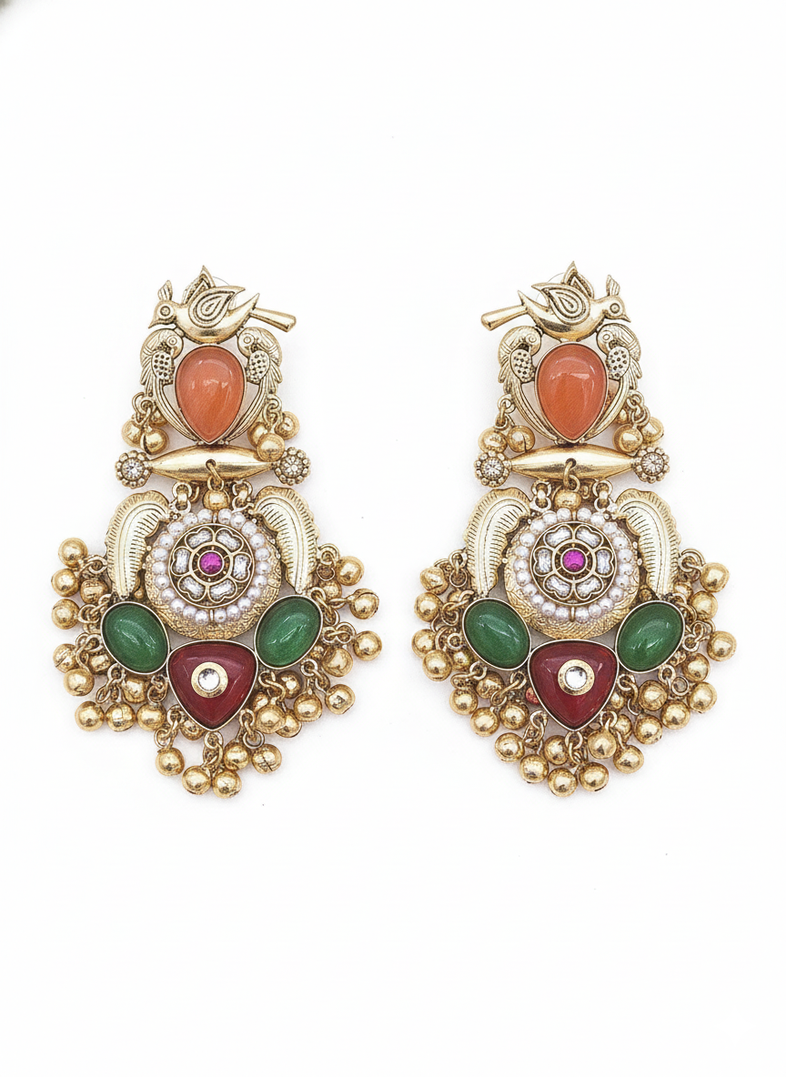 Stunning Antique Gold Yellow Onyx-Multi Color Glass Stones-Pearl  Fancy Dangle Earrings