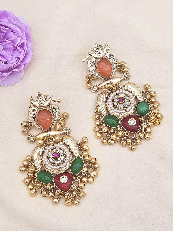 Stunning Antique Gold Yellow Onyx-Multi Color Glass Stones-Pearl  Fancy Dangle Earrings