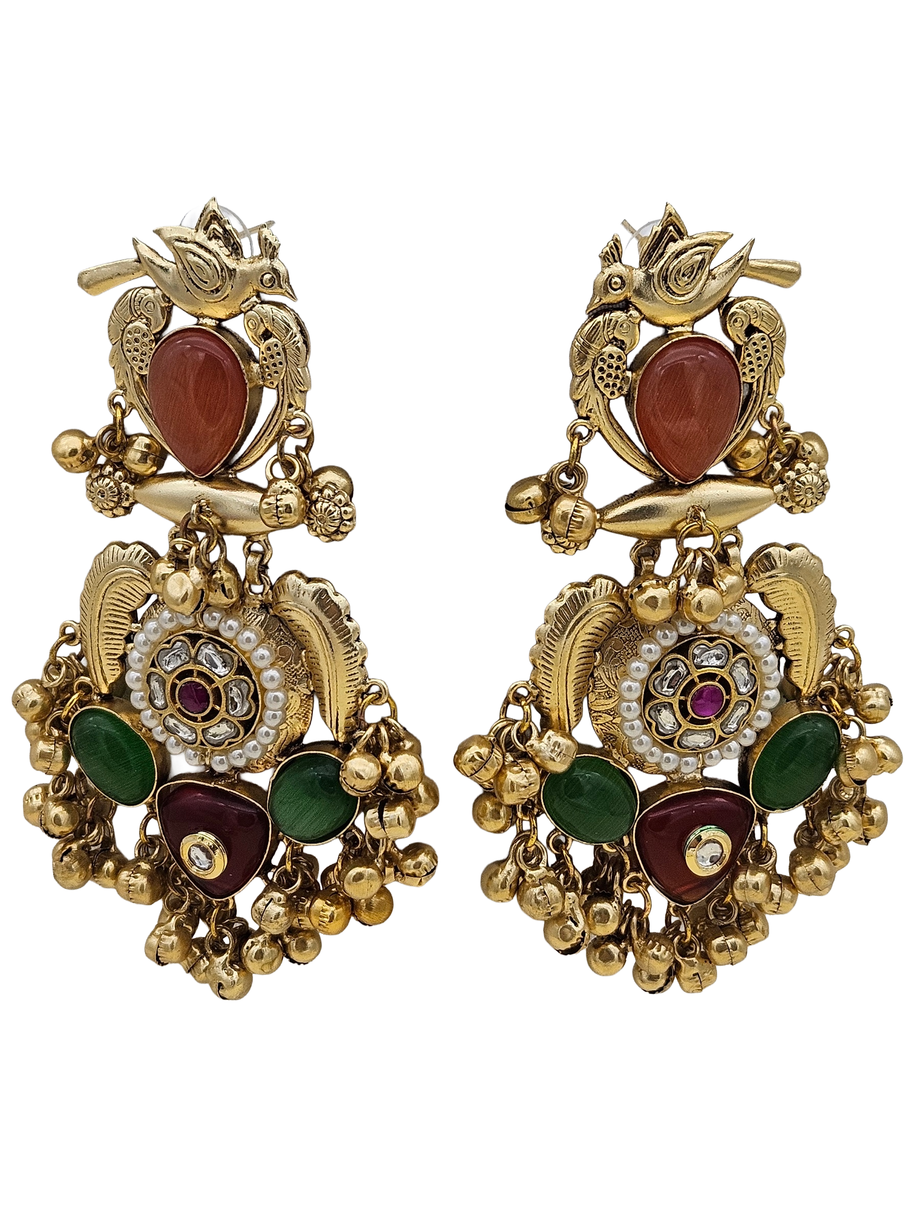 Stunning Antique Gold Yellow Onyx-Multi Color Glass Stones-Pearl  Fancy Dangle Earrings