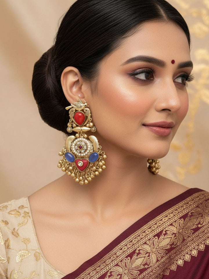 Stunning Antique Gold Red Glass-Multi Color Glass Stones-Pearl  Fancy Dangle Earrings