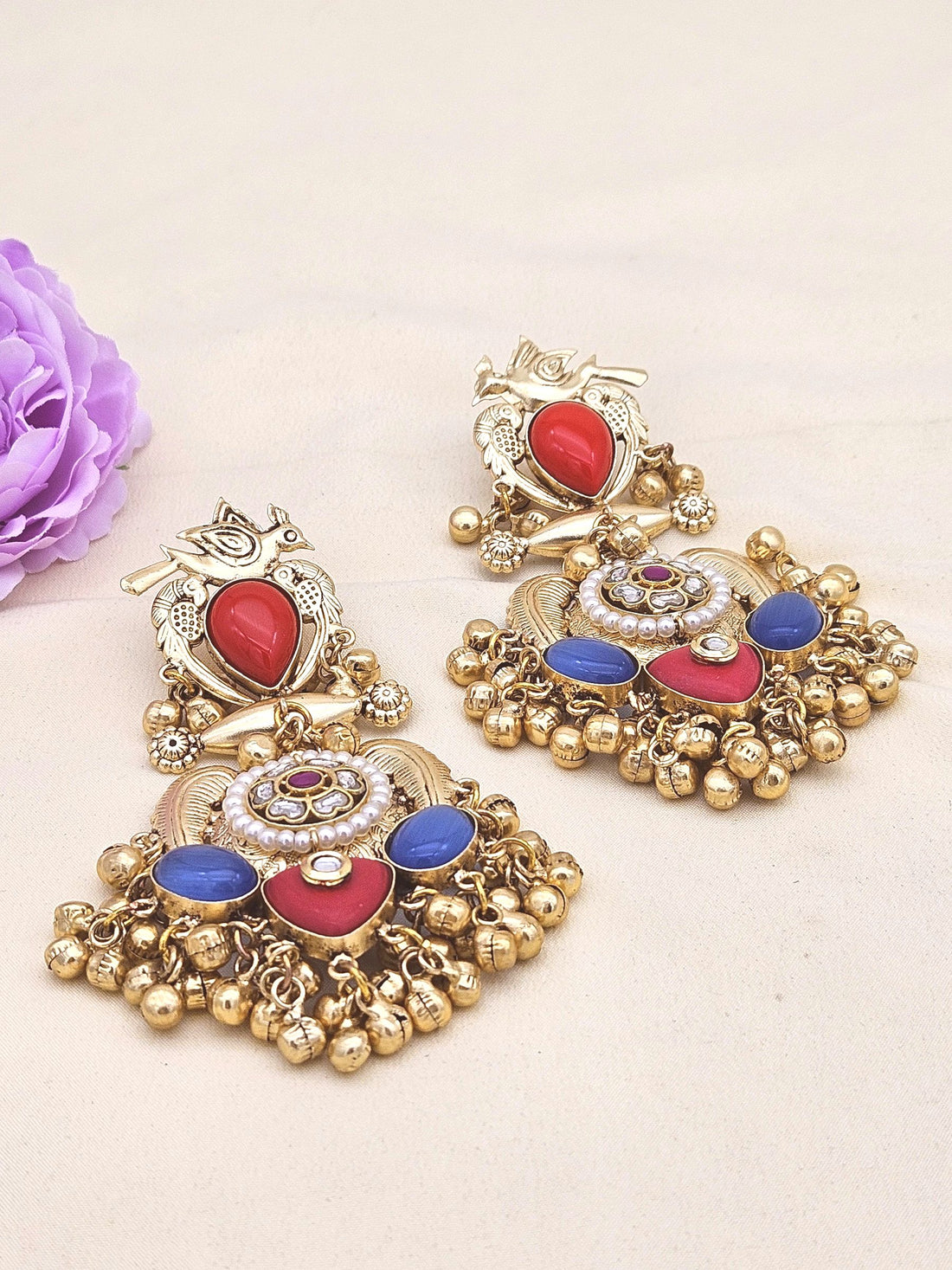 Stunning Antique Gold Red Glass-Multi Color Glass Stones-Pearl  Fancy Dangle Earrings