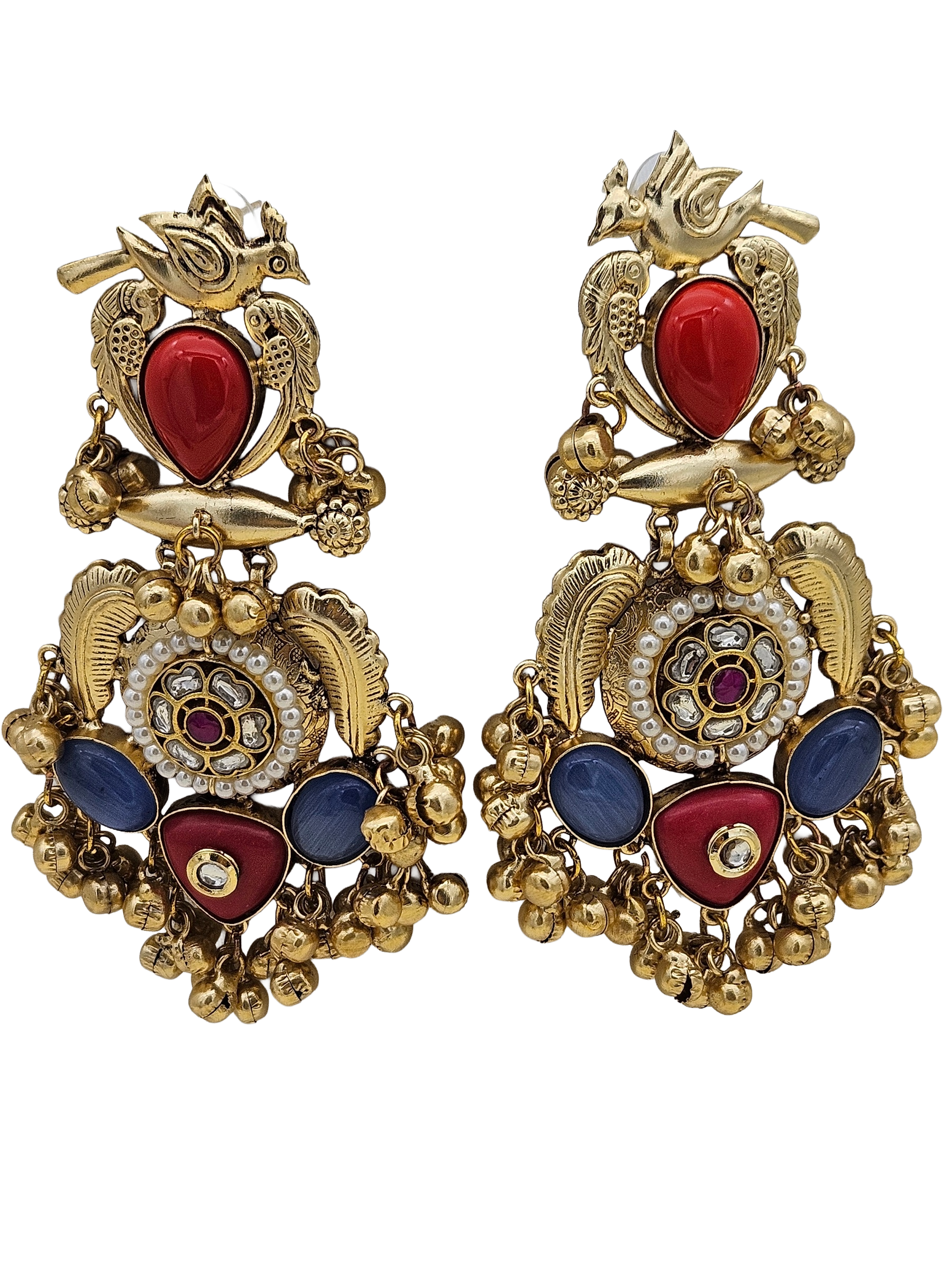 Stunning Antique Gold Red Glass-Multi Color Glass Stones-Pearl  Fancy Dangle Earrings