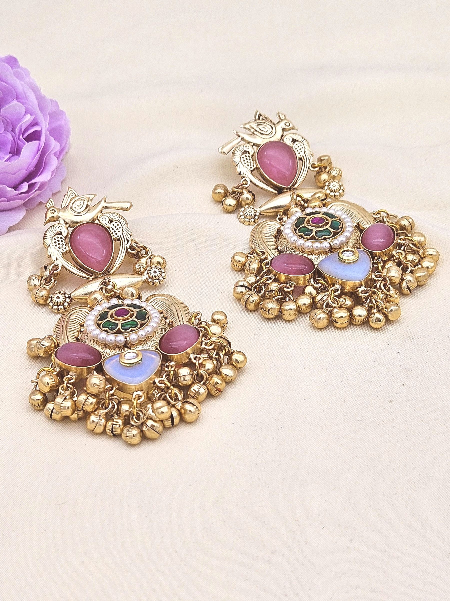 Stunning Antique Gold Pink Monalisa-Multi Color Glass Stones-Pearl  Fancy Dangle Earrings