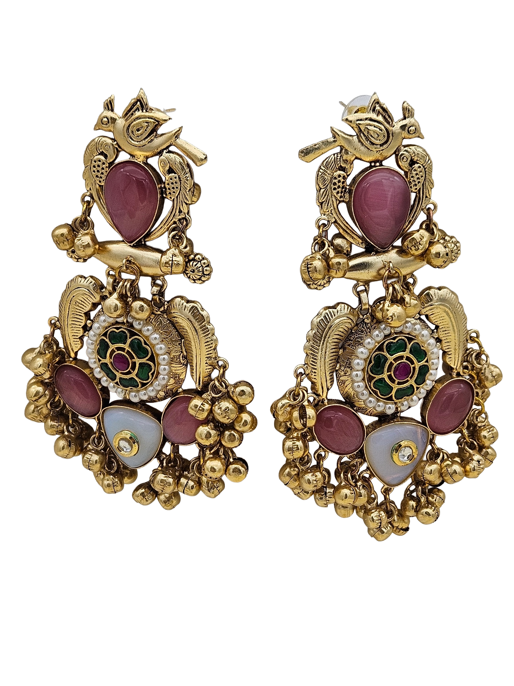 Stunning Antique Gold Pink Monalisa-Multi Color Glass Stones-Pearl  Fancy Dangle Earrings