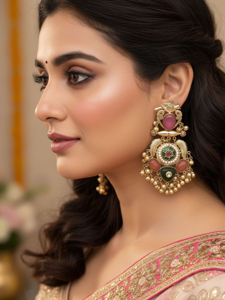 Stunning Antique Gold Pink Monalisa-Multi Color Glass Stones-Pearl  Fancy Dangle Earrings