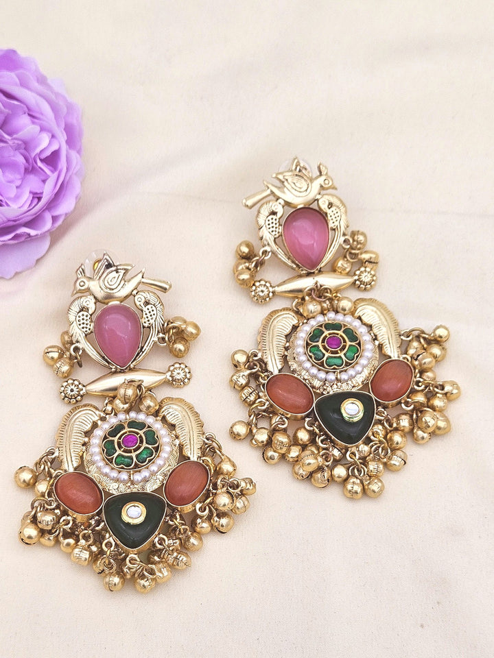 Stunning Antique Gold Pink Monalisa-Multi Color Glass Stones-Pearl  Fancy Dangle Earrings