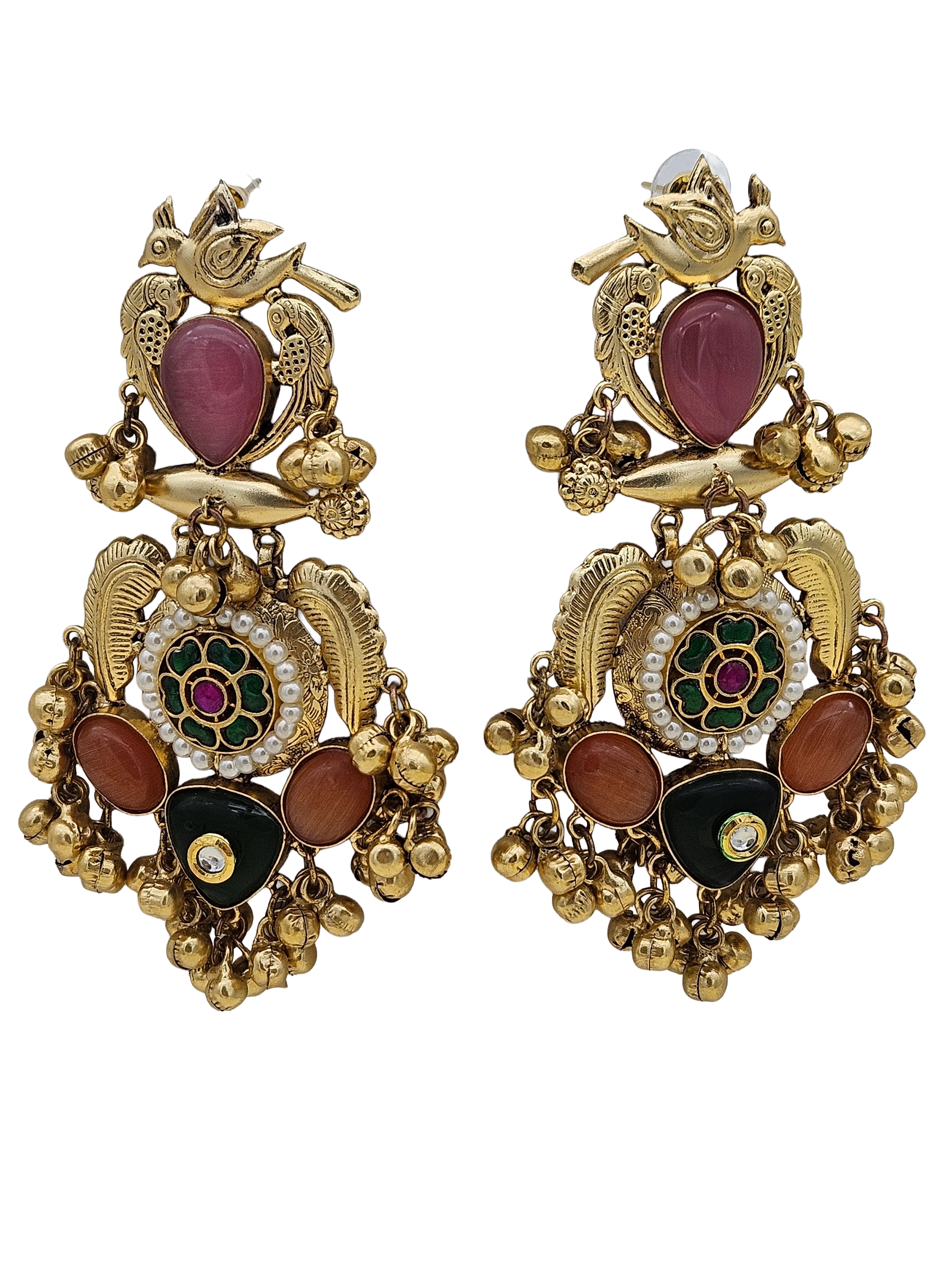 Stunning Antique Gold Pink Monalisa-Multi Color Glass Stones-Pearl  Fancy Dangle Earrings