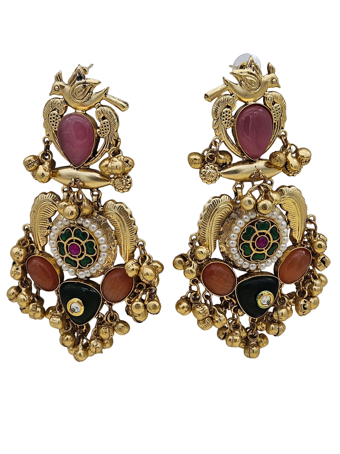 Stunning Antique Gold Pink Monalisa-Multi Color Glass Stones-Pearl  Fancy Dangle Earrings