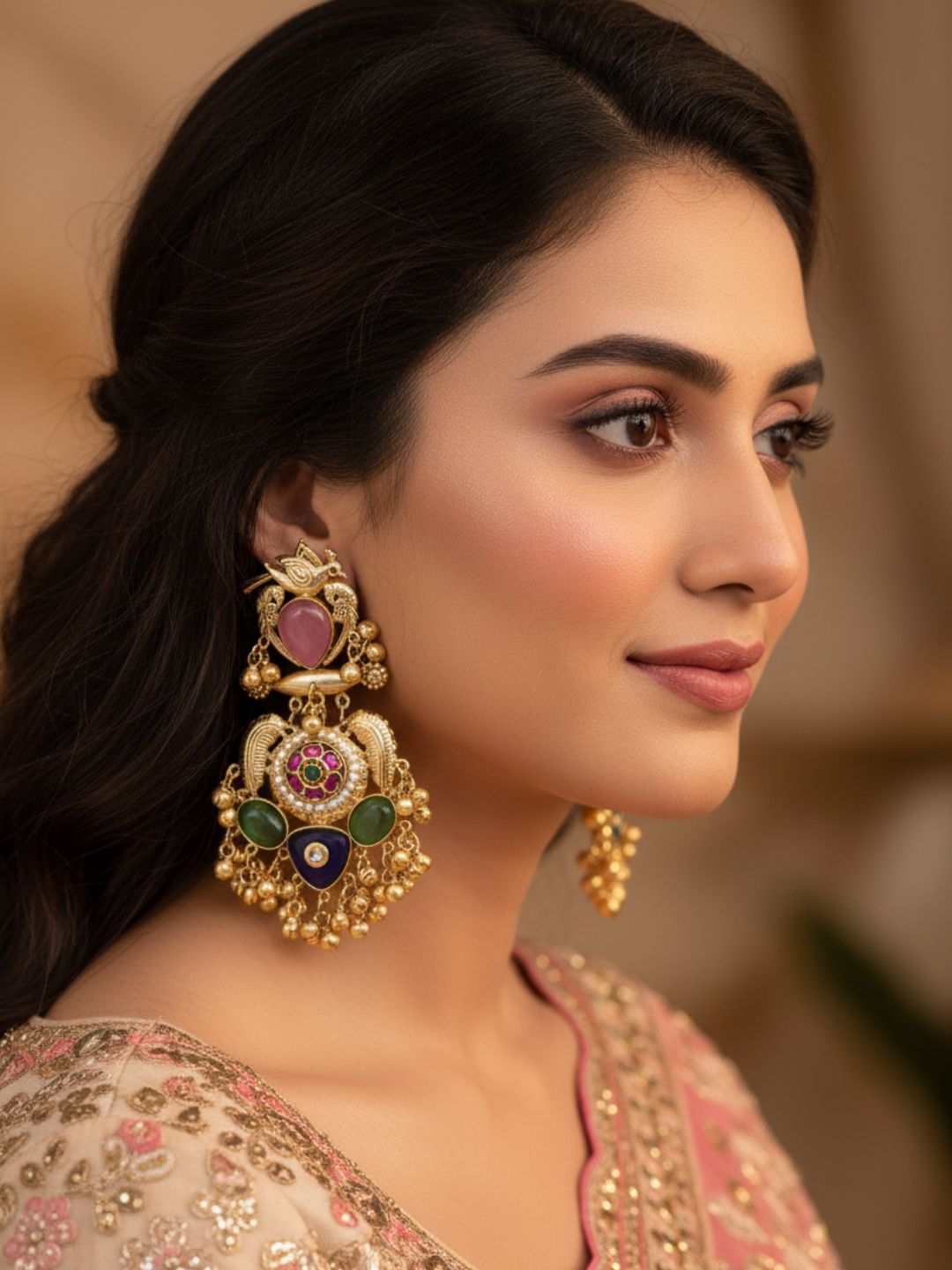 Stunning Antique Gold Pink Monalisa-Multi Color Glass Stones-Pearl  Fancy Dangle Earrings