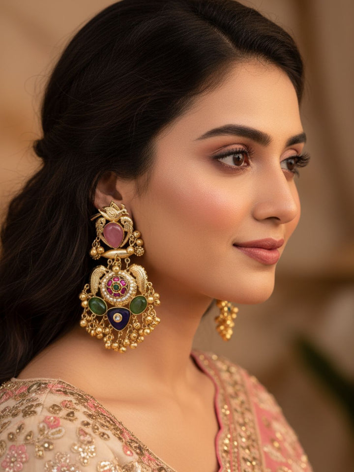 Stunning Antique Gold Pink Monalisa-Multi Color Glass Stones-Pearl  Fancy Dangle Earrings