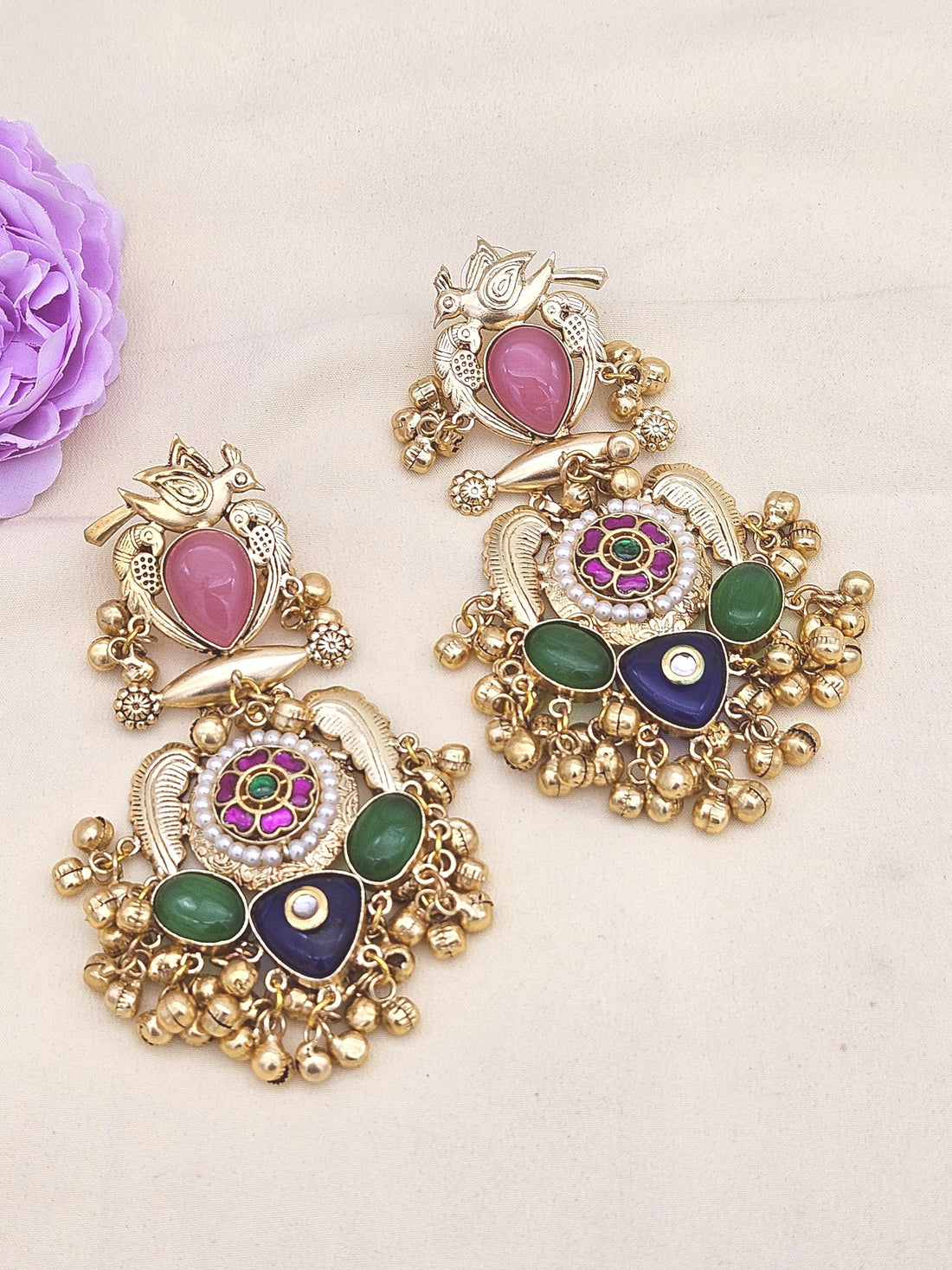 Stunning Antique Gold Pink Monalisa-Multi Color Glass Stones-Pearl  Fancy Dangle Earrings
