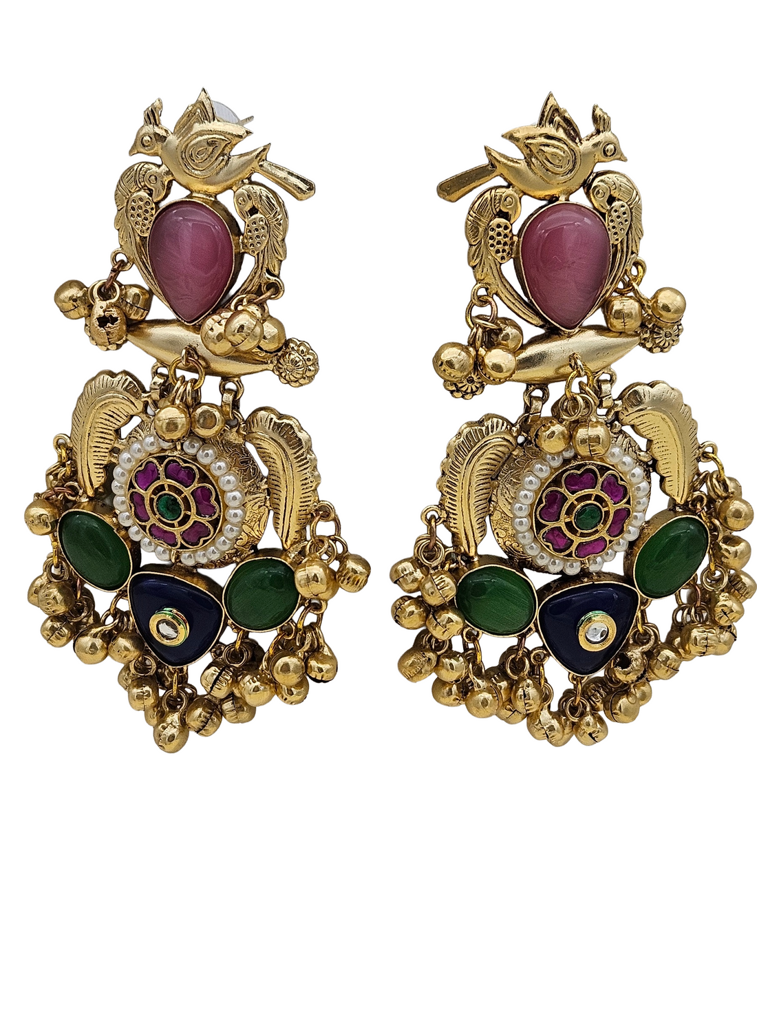 Stunning Antique Gold Pink Monalisa-Multi Color Glass Stones-Pearl  Fancy Dangle Earrings
