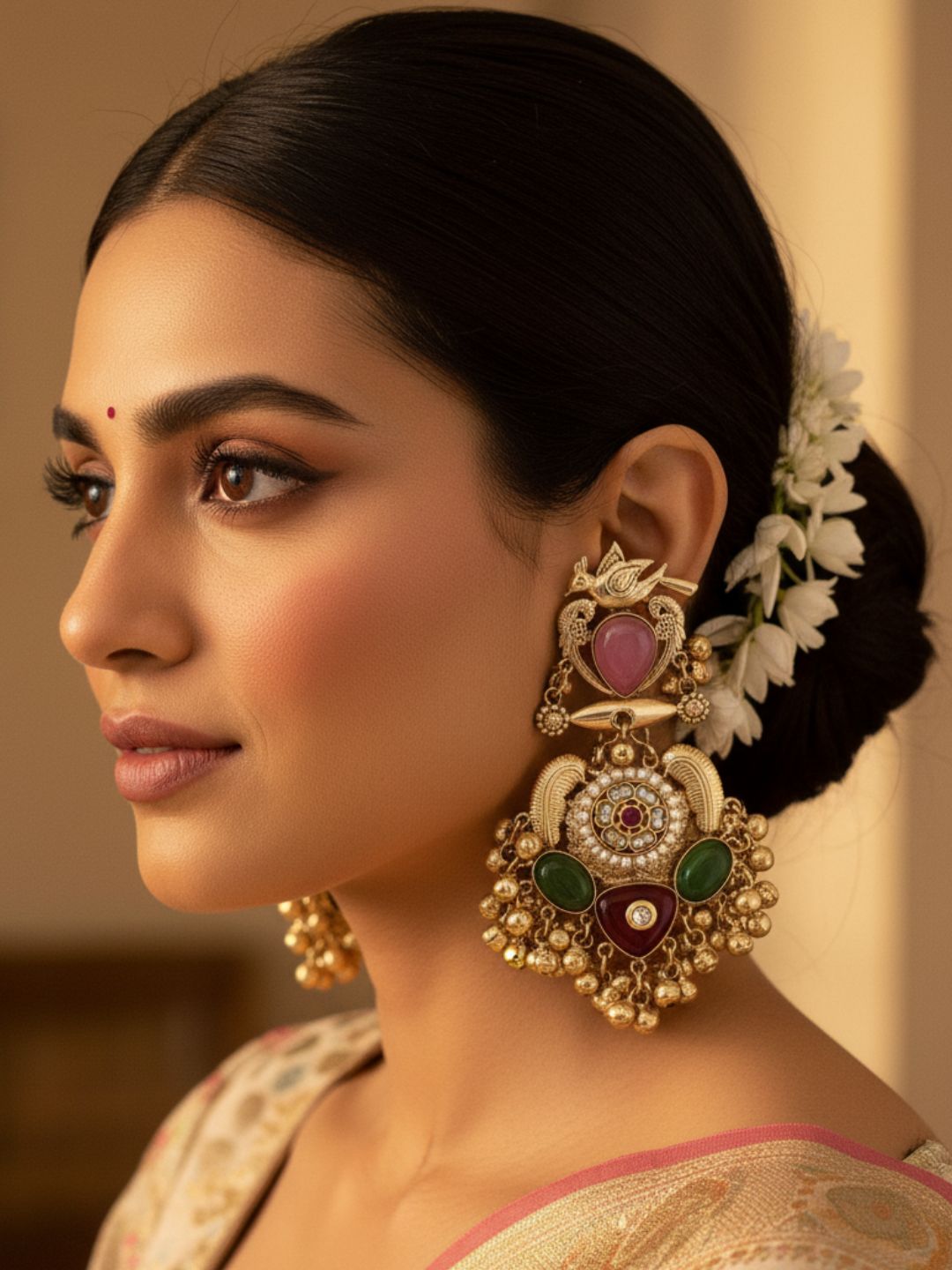 Stunning Antique Gold Pink Monalisa-Multi Color Glass Stones-Pearl  Fancy Dangle Earrings